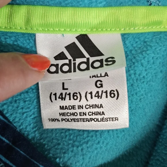 Adidas Hoodie Sweatshirt Boys L 14-16 Blue/Turquoise Striped - Picture 6 of 8